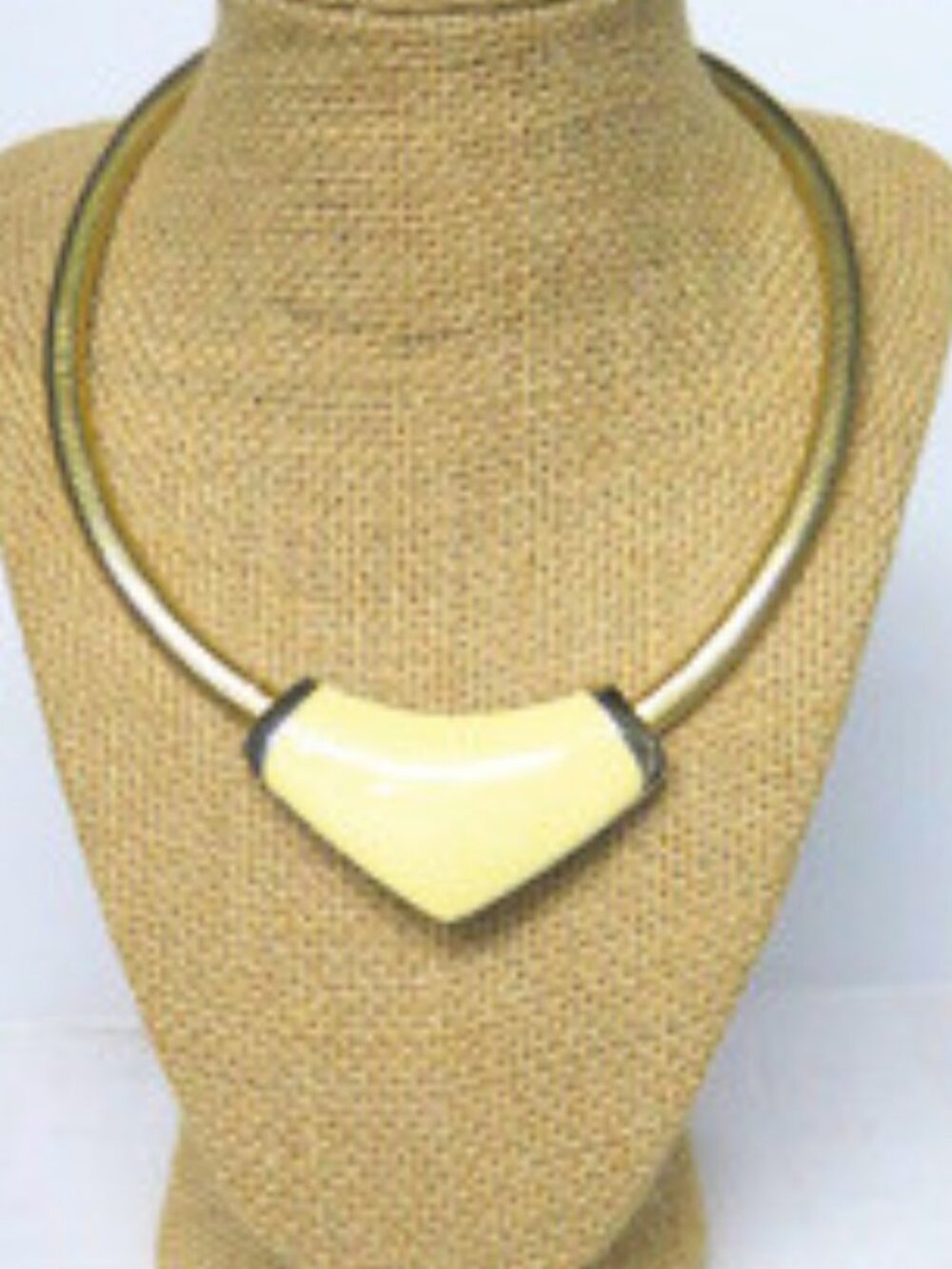 Gold Tone Cream Enamel Geometric Pendant Collar Necklace Statement Jewelry